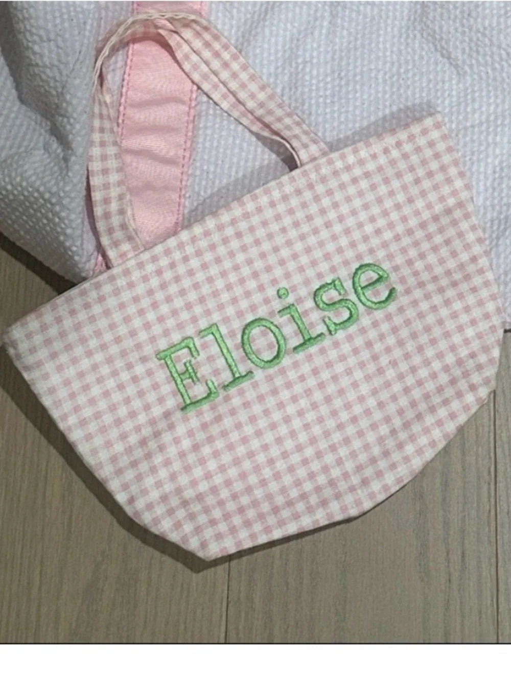 Personalized Pink Gingham Kids Tote Bag with Green Embroidery